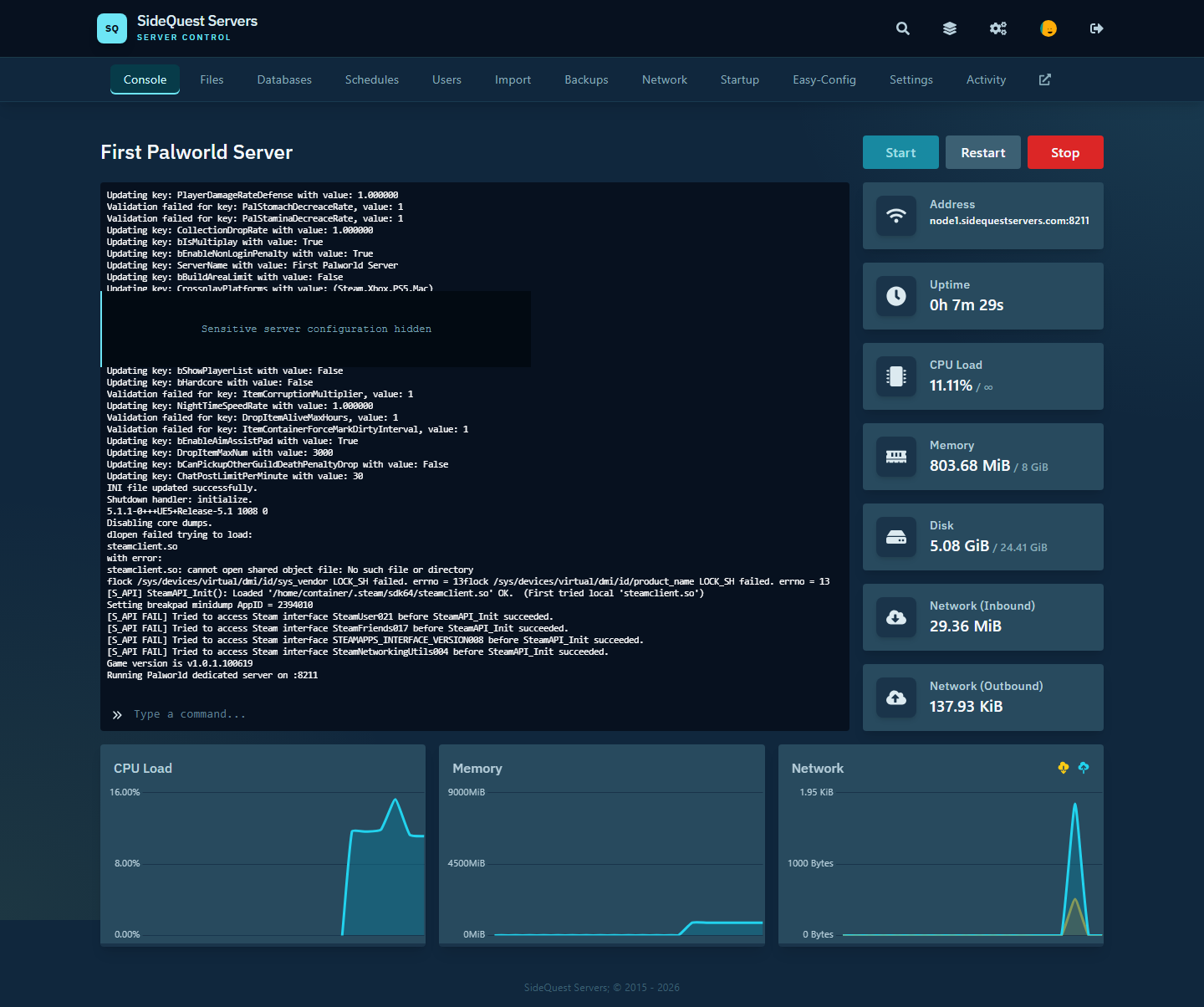 SideQuest live Palworld server console