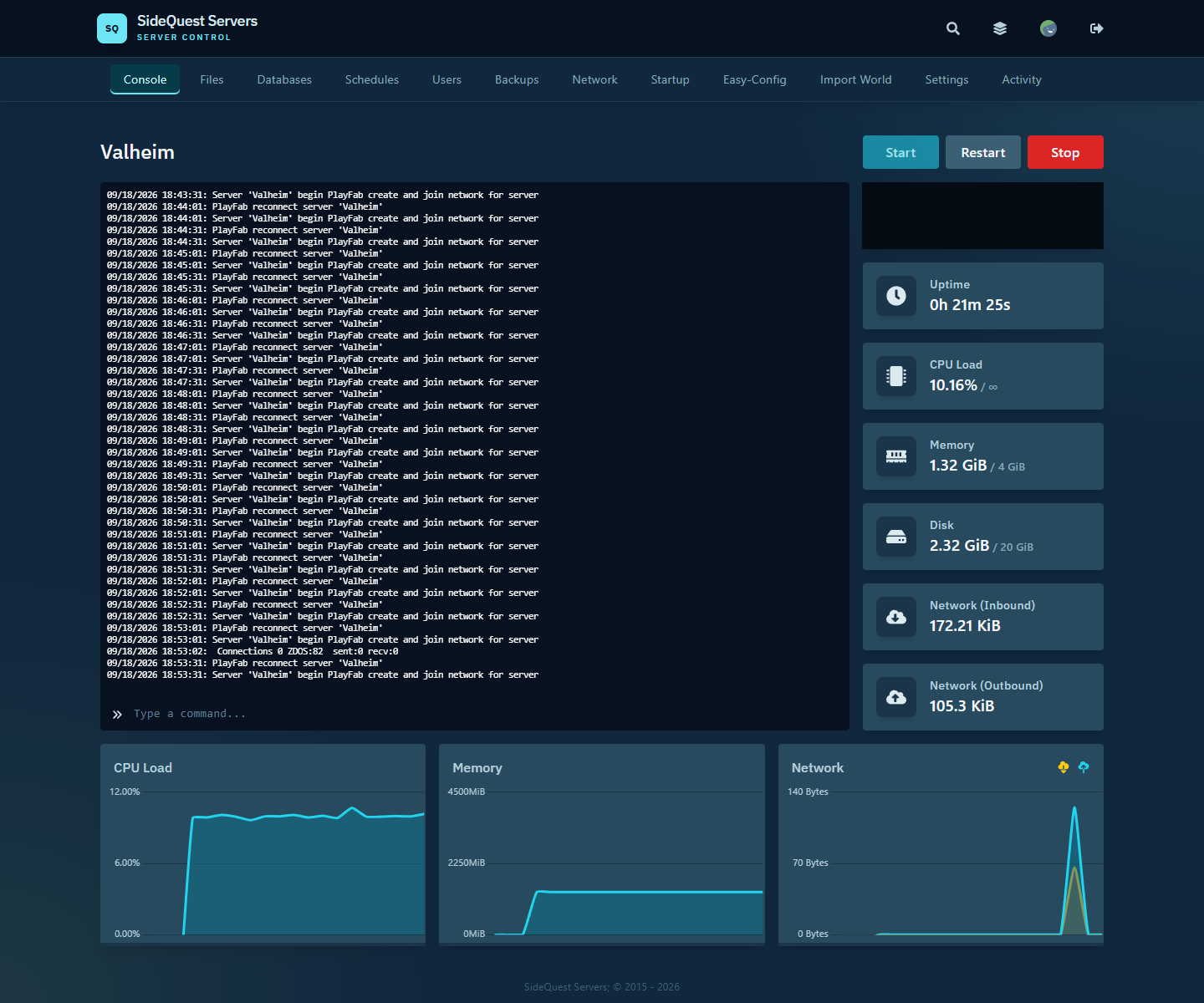 SideQuest live Valheim server console