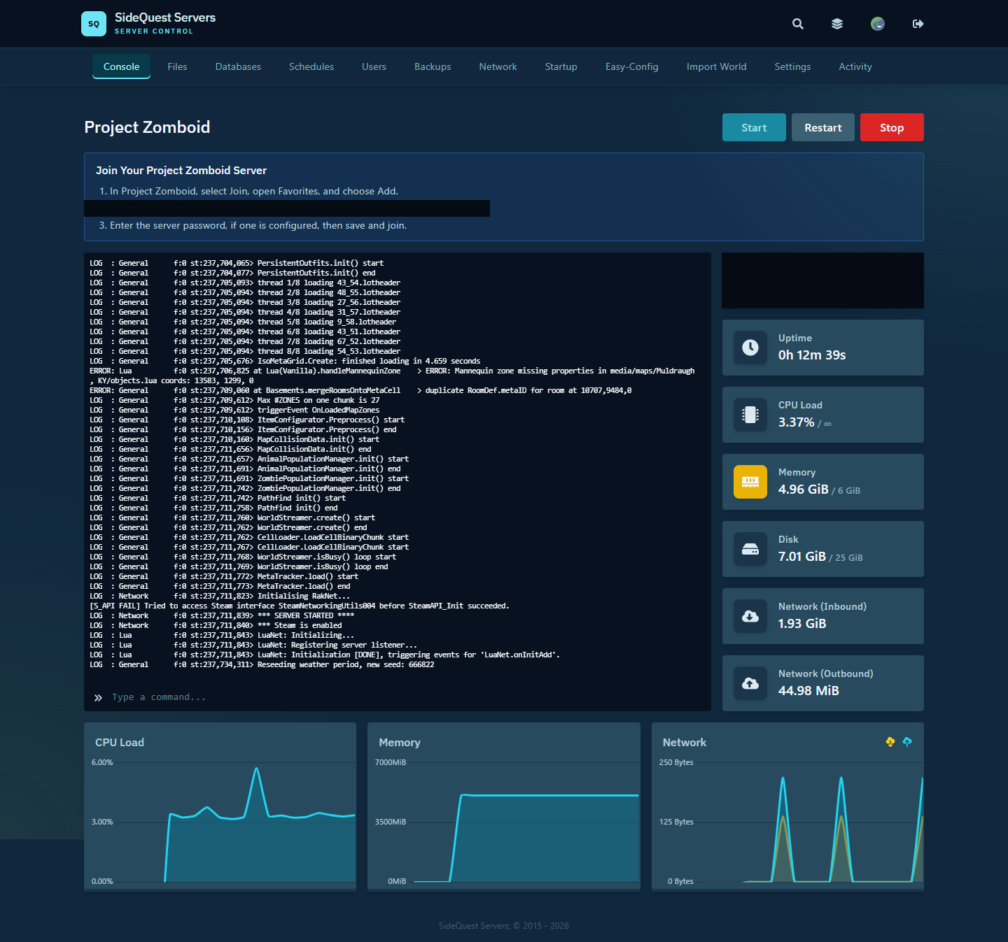 SideQuest live Project Zomboid server console